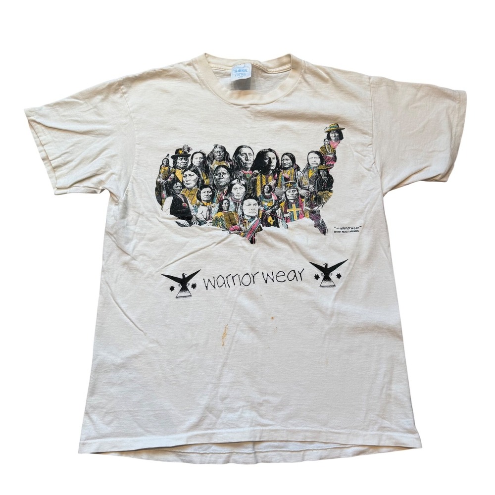 Vintage Tultex Warrior Wear Large Native American USA Map White Tee 90s Vintage